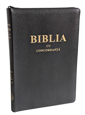 Biblia - cu concordanta, format foarte mare, coperta piele, aurită, index, cu fermoar, cuv. d-lui Isus în roşu