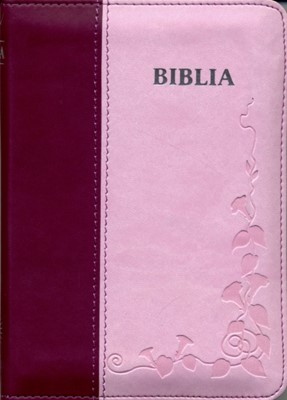 Biblia  format mic, cu index, fermoar, margini argintii cuv. Dl Isus in rosu, roz mov