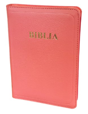 Biblie format mediu, coperta piele, aurita, cu fermoar si index, roz