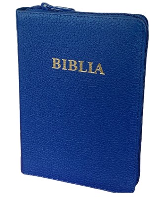 Biblie format mediu, coperta piele, aurita, cu fermoar si index, albastru
