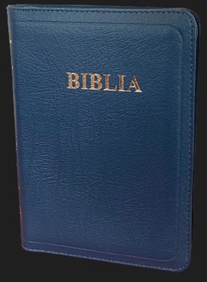Biblie format mediu, coperta piele, aurita, cu fermoar si index, bleumarin inchis