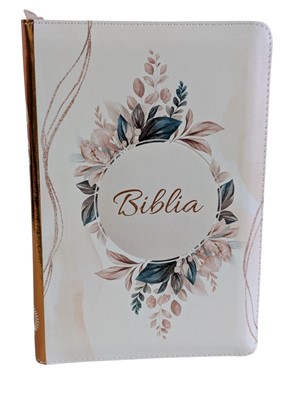 Biblie medie, cu fermoar, index, model floral si fermoar, alb