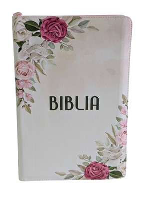 Biblie MARE, cu fermoar, index, model floral si fermoar, ALB