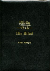 Biblie bilingvă Română - Germană, cu concordanţă, aurită, fermoar, neagră, piele