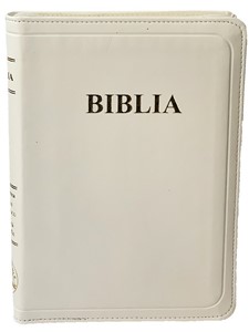Biblie format mediu, coperta piele, aurita, cu fermoar si index, alba