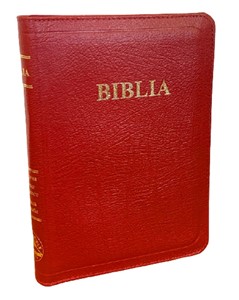 Biblie format mediu, coperta piele, aurita, cu fermoar si index, roșu