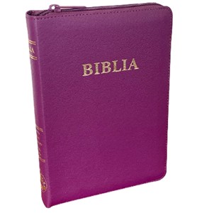 Biblie format mediu, coperta piele, aurita, cu fermoar si index, mov intens