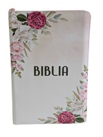 Biblie MARE, cu fermoar, index, model floral si fermoar, ALB