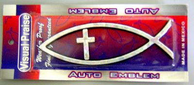 Emblema auto mare - Peşte + cruce - argintiu