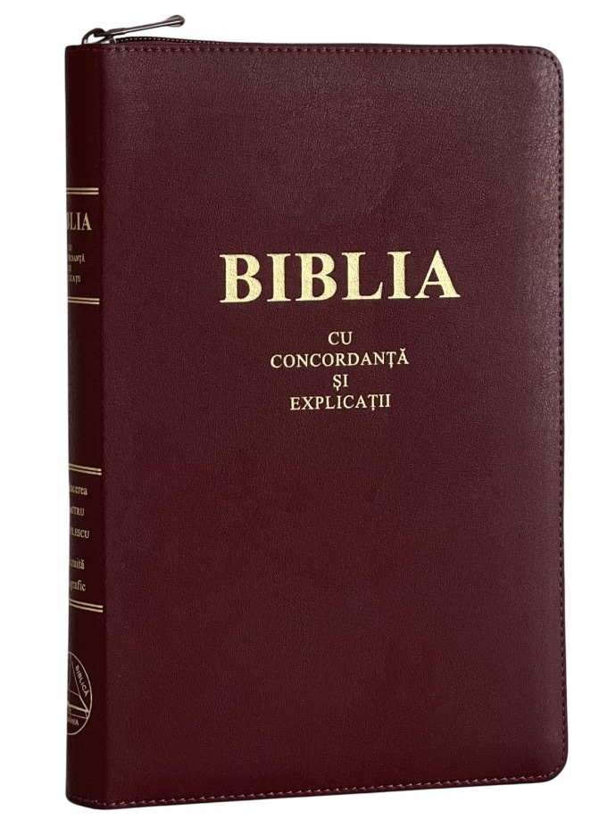 Biblia - format mare, de lux, cu explicaţii si concordanţă, fermoar, index, margini aurii, visiniu
