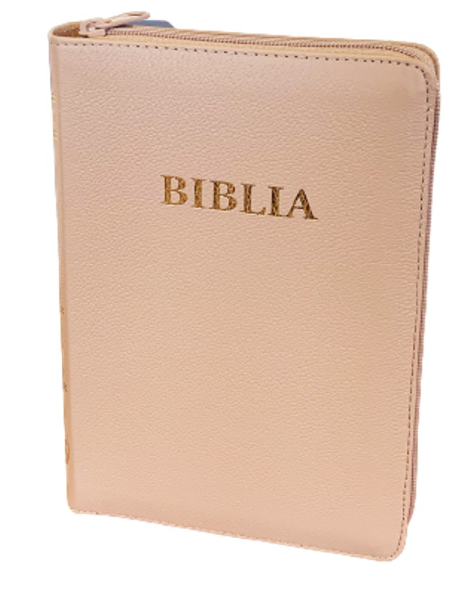Biblie format mediu, coperta piele, aurita, cu fermoar si index, crem-roz