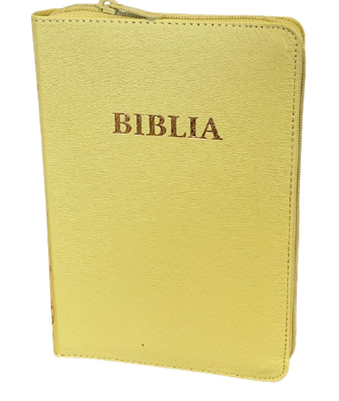 Biblie format mediu, coperta piele, aurita, cu fermoar si index, galben deschis