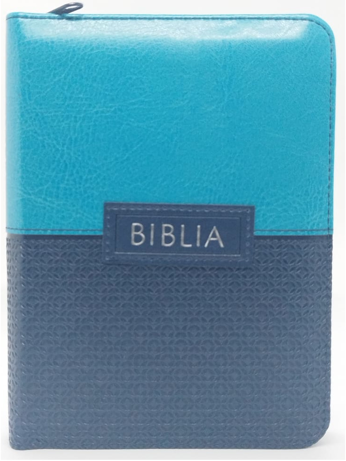 Biblie  mica, albastru, margini argintii, index, fermoar