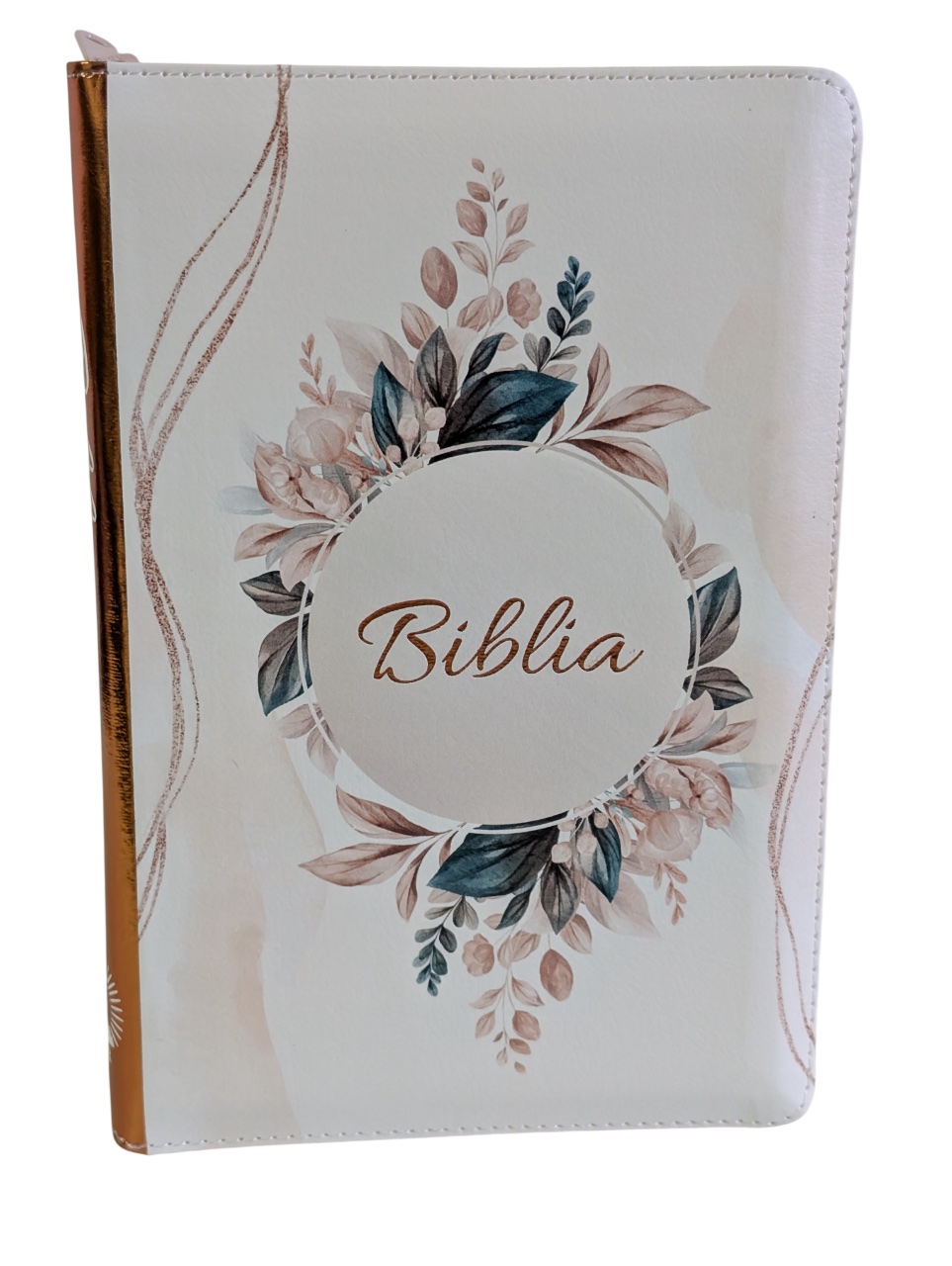 Biblie medie, cu fermoar, index, model floral si fermoar, alb