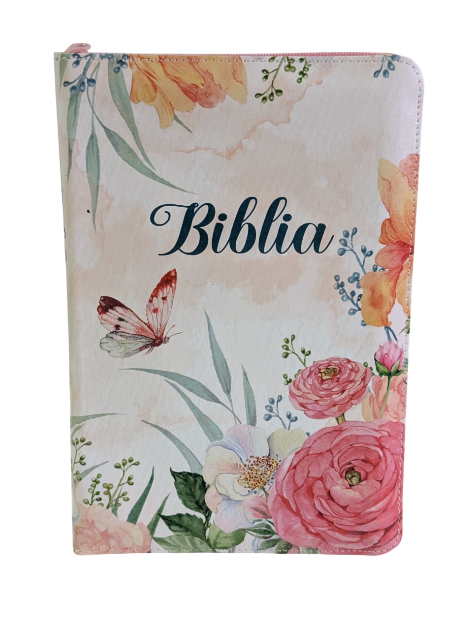 Biblie medie, cu fermoar, index, model floral si fermoar, roz