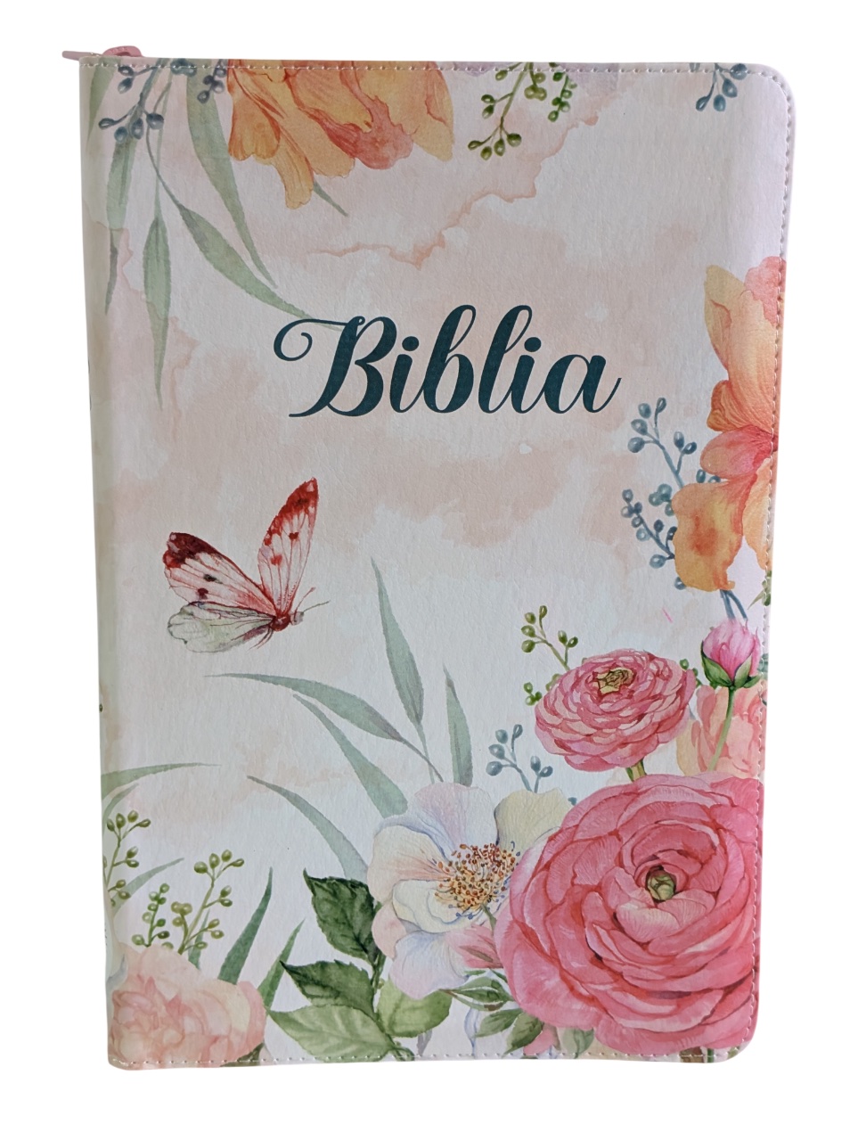 Biblie MARE, cu fermoar, index, model floral si fermoar, ROZ