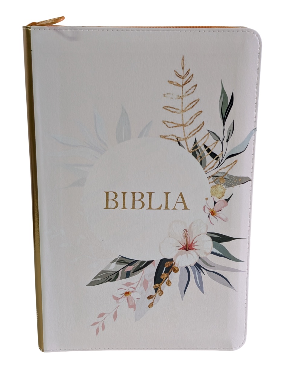 Biblie MARE, cu fermoar, index, model floral si fermoar, AURIU