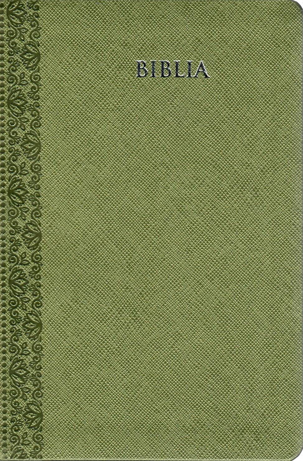 Biblia, format mediu, argintie, index, verde, embosata